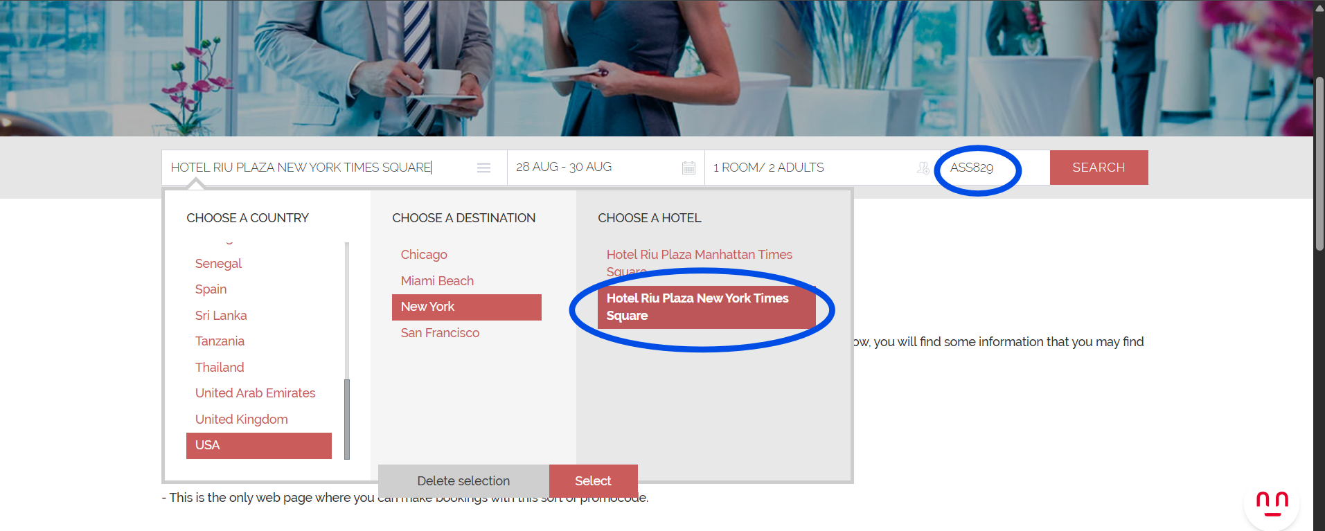 Step-by-step directions for booking Hotel Riu Plaza with the corporate code